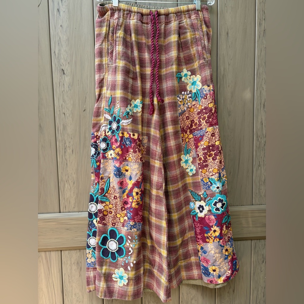 Free People Brooks Embroidered Wide-Leg Patchwork Pants Green Combo - Picture 10 of 15